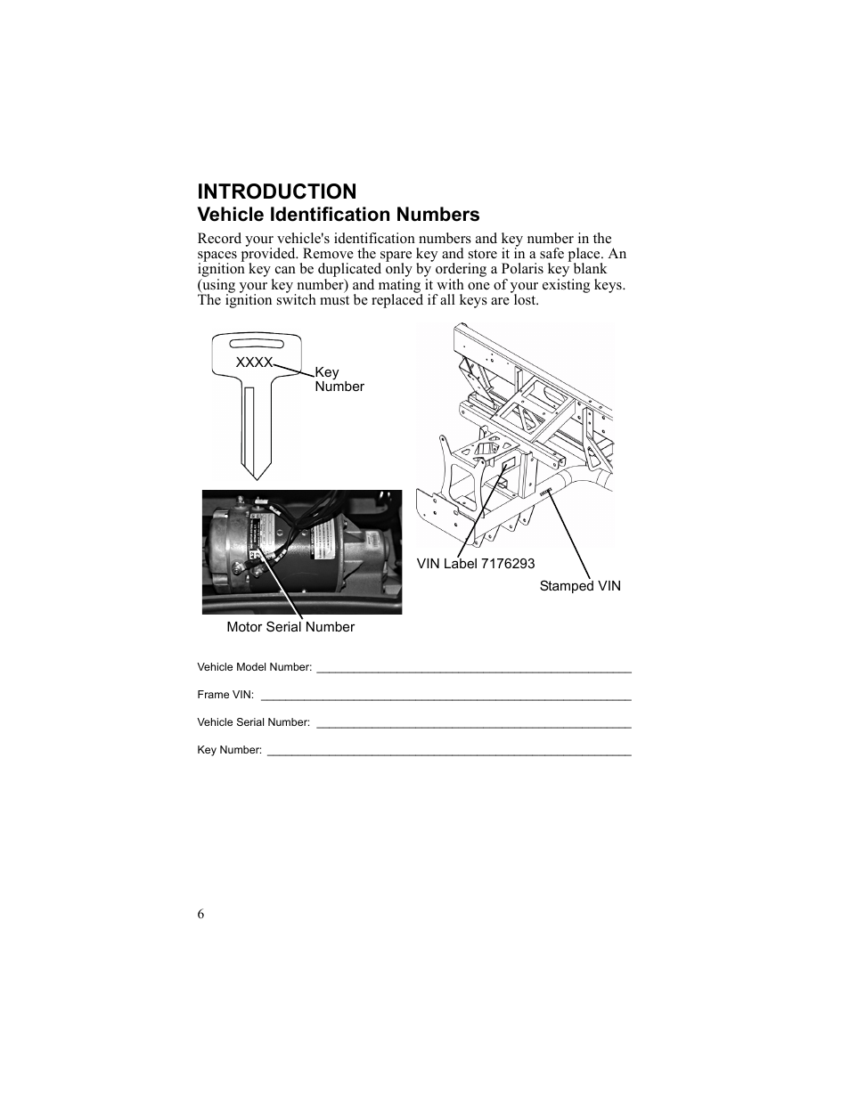 Introduction, Vehicle identification numbers, Motor serial number | Vehicle model number, Frame vin, Vehicle serial number, Key number | Polaris 2010 Breeze User Manual | Page 8 / 87