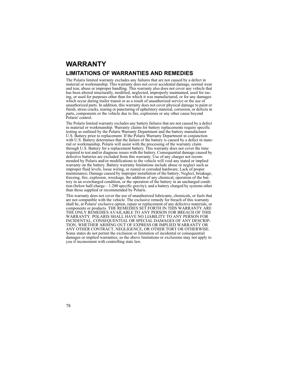 Warranty, Limitations of warranties and remedies | Polaris 2010 Breeze User Manual | Page 80 / 87