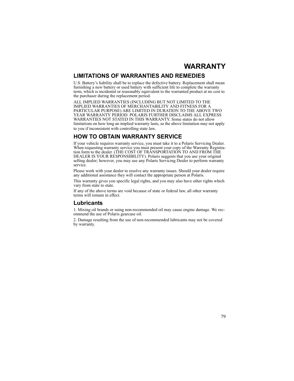Warranty, Limitations of warranties and remedies, How to obtain warranty service | Lubricants | Polaris 2010 Breeze User Manual | Page 81 / 87