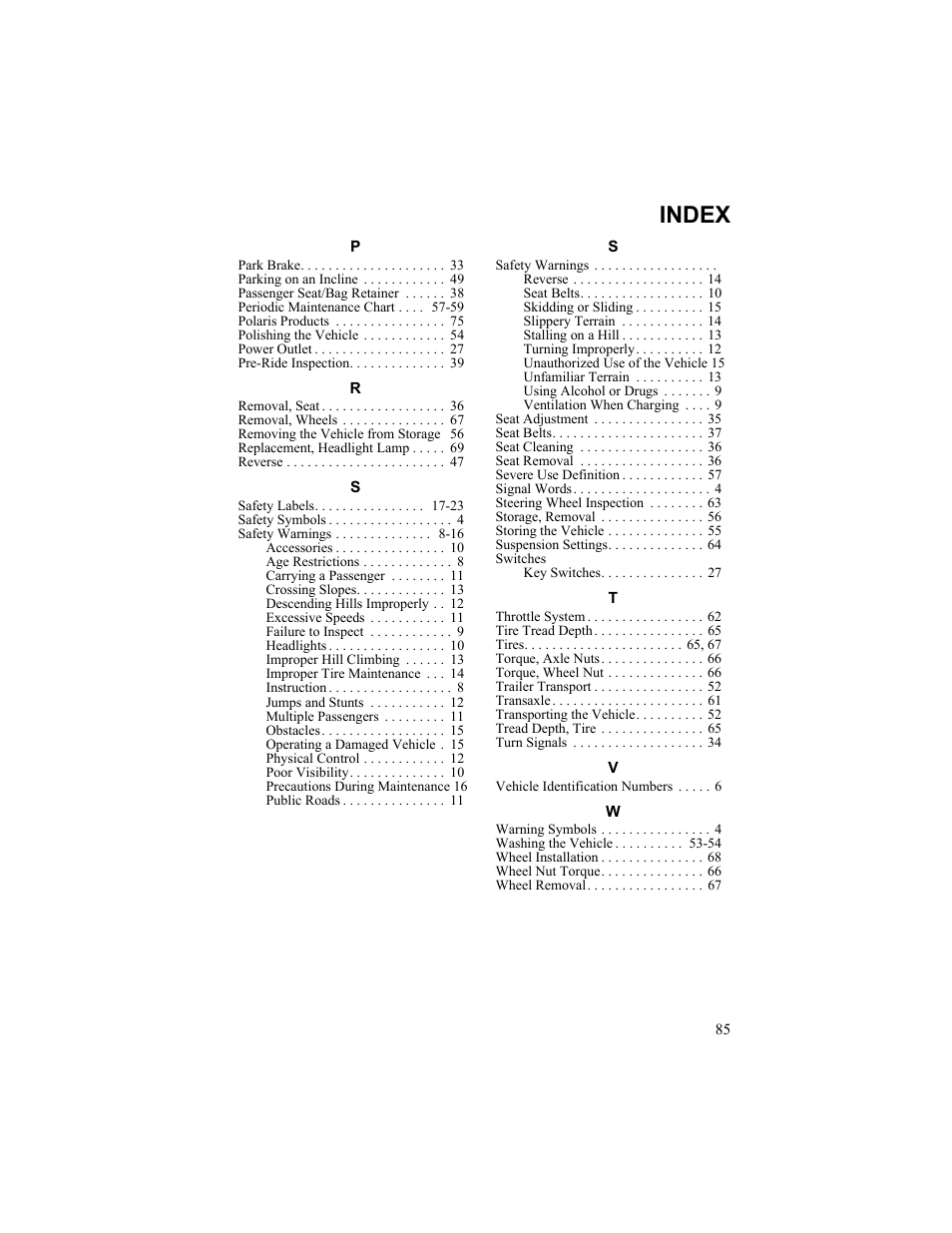 Index | Polaris 2010 Breeze User Manual | Page 87 / 87