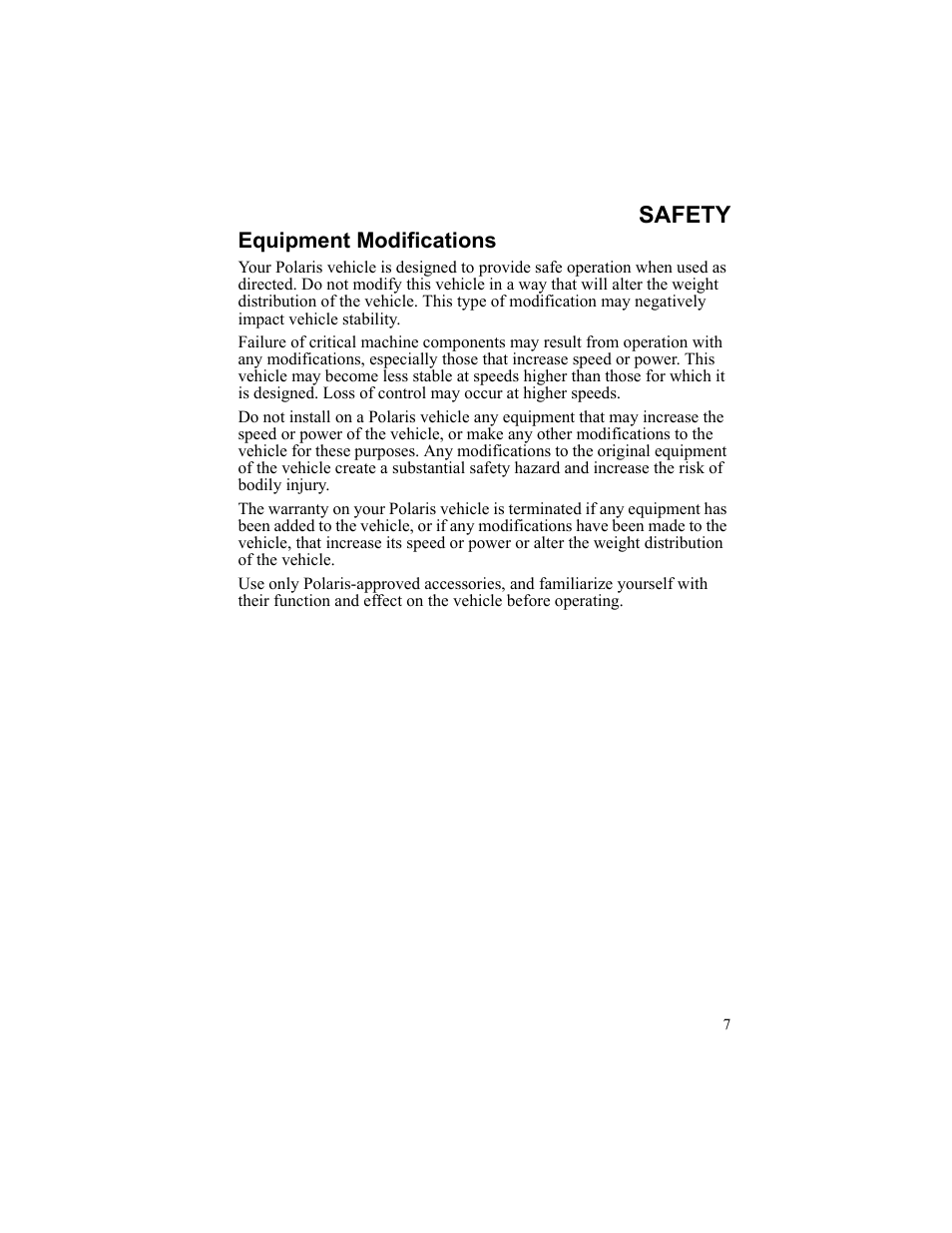 Safety, Equipment modifications | Polaris 2010 Breeze User Manual | Page 9 / 87
