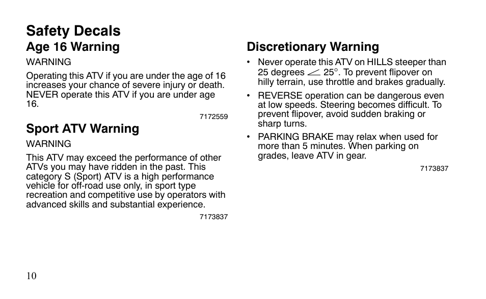 Safety decals, Age 16 warning, Sport atv warning | Discretionary warning | Polaris Outlaw 9921123 User Manual | Page 13 / 220