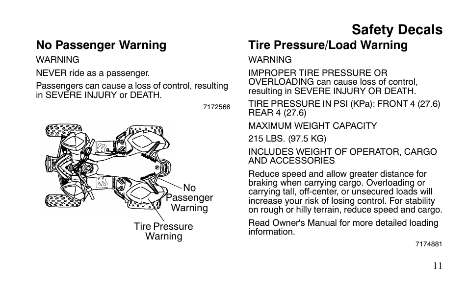 Safety decals, No passenger warning, Tire pressure/load warning | Polaris Outlaw 9921123 User Manual | Page 14 / 220