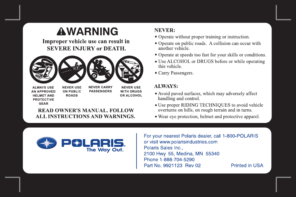 Polaris Outlaw 9921123 User Manual | Page 2 / 220