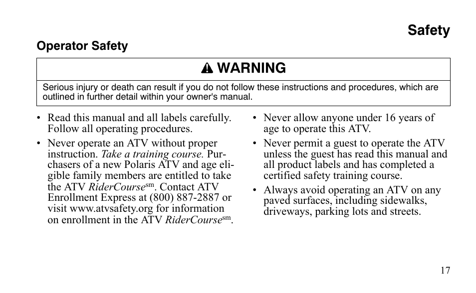Safety, Warning | Polaris Outlaw 9921123 User Manual | Page 20 / 220