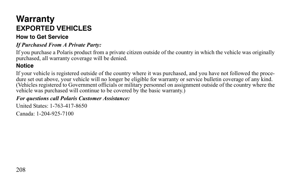 Warranty | Polaris Outlaw 9921123 User Manual | Page 211 / 220