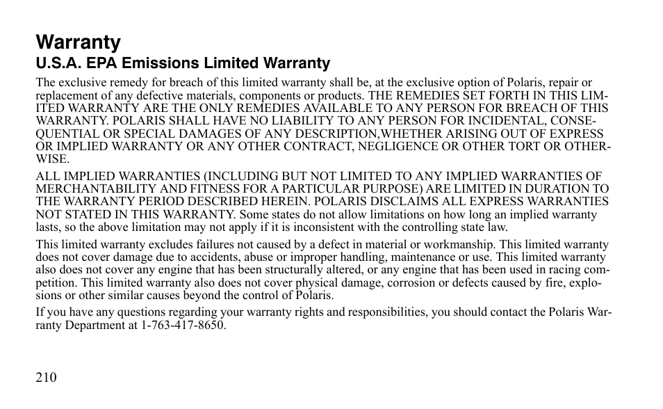 Warranty | Polaris Outlaw 9921123 User Manual | Page 213 / 220