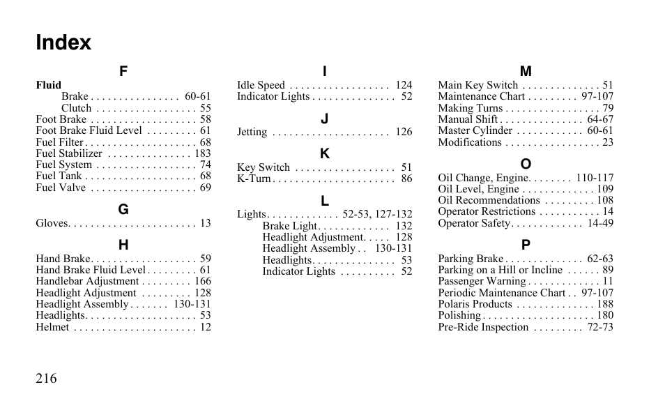 Index | Polaris Outlaw 9921123 User Manual | Page 219 / 220