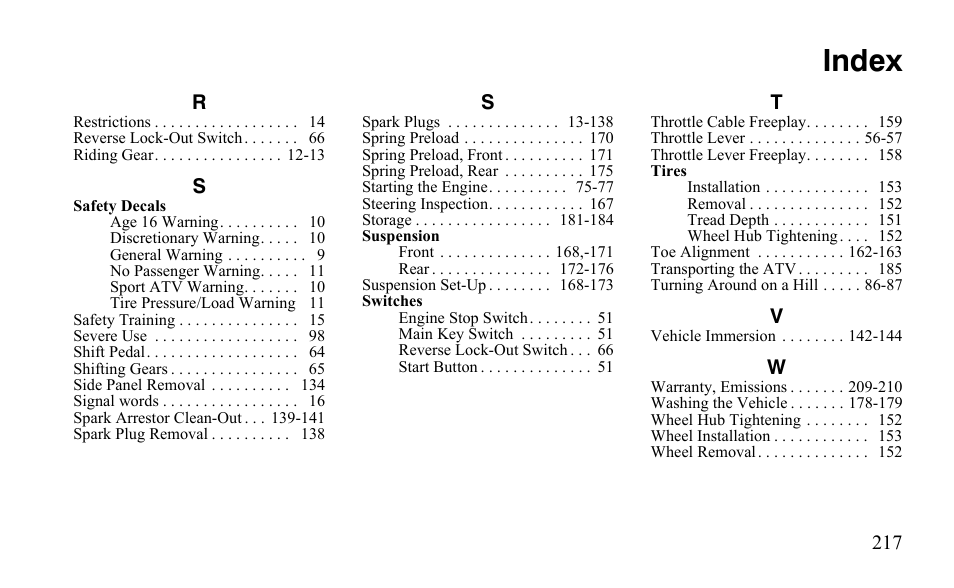 Index | Polaris Outlaw 9921123 User Manual | Page 220 / 220