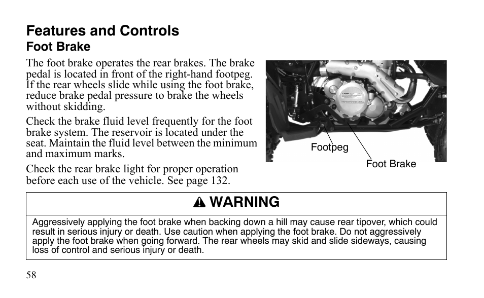 Features and controls, Warning | Polaris Outlaw 9921123 User Manual | Page 61 / 220