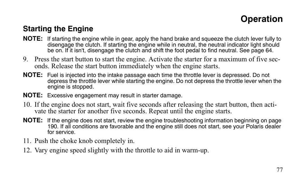 Operation, Starting the engine | Polaris Outlaw 9921123 User Manual | Page 80 / 220