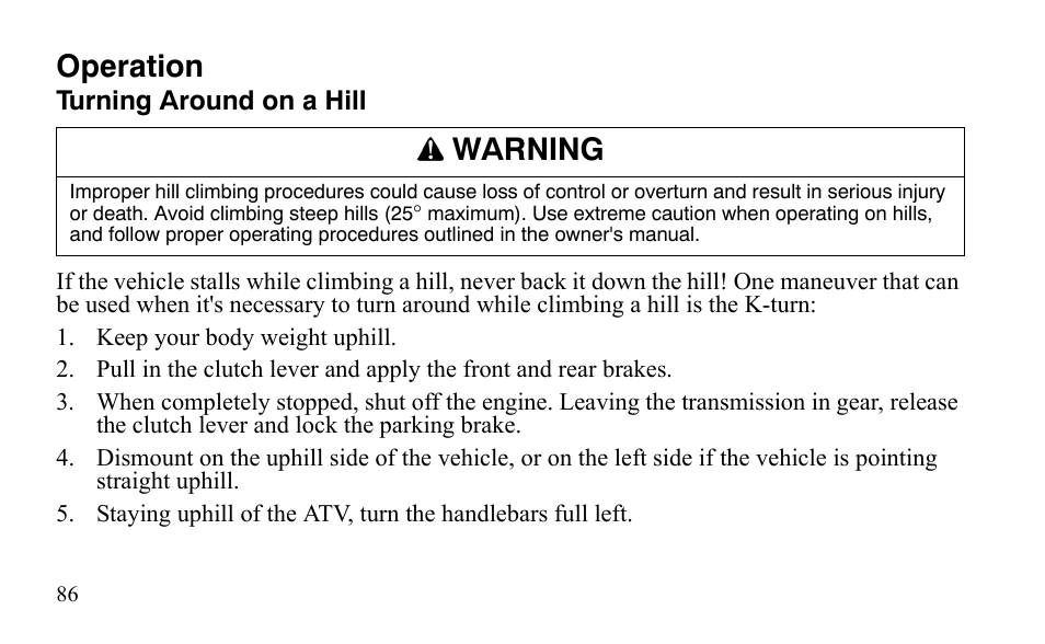 Operation, Warning | Polaris Outlaw 9921123 User Manual | Page 89 / 220