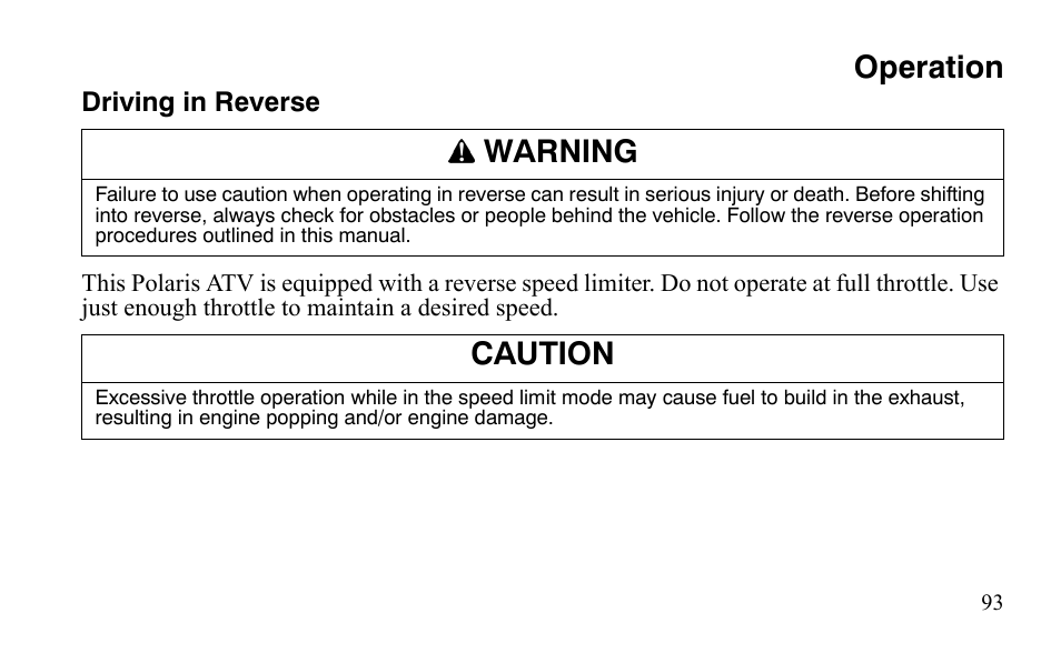 Operation, Warning, Caution | Polaris Outlaw 9921123 User Manual | Page 96 / 220