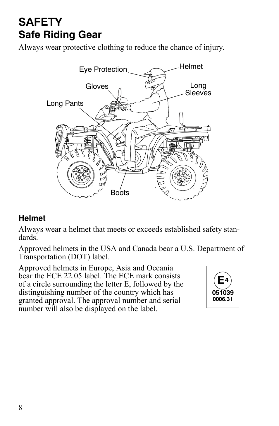 Safety, Safe riding gear | Polaris Sportsman 9921837 User Manual | Page 10 / 133