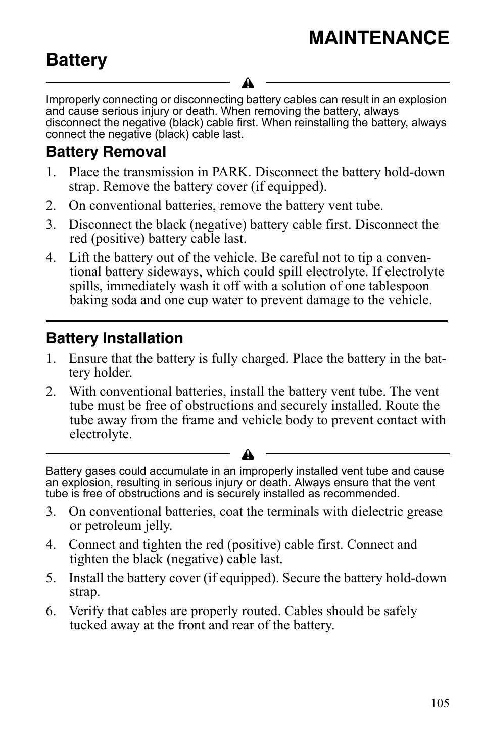 Maintenance, Battery | Polaris Sportsman 9921837 User Manual | Page 107 / 133