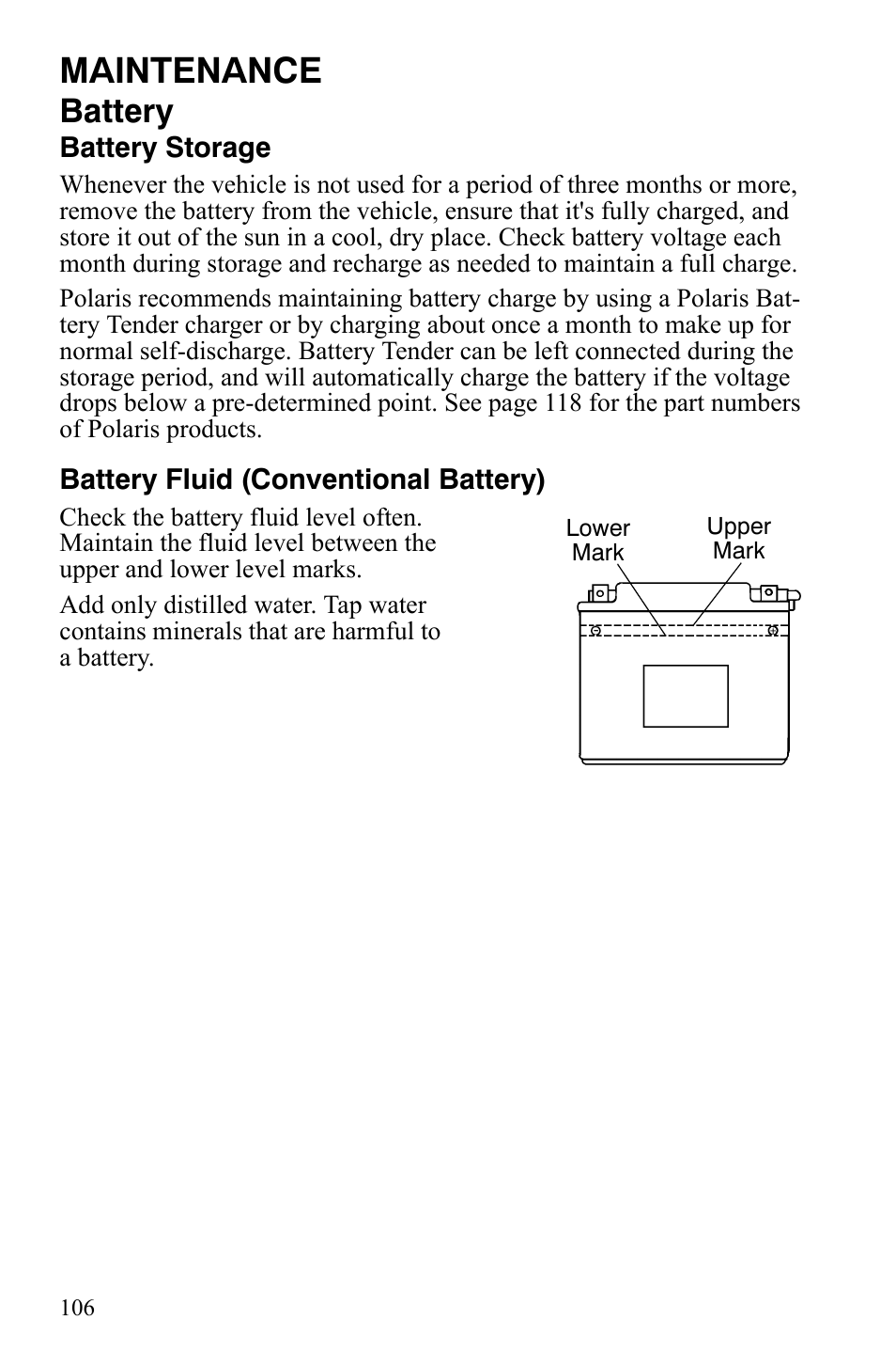Maintenance, Battery | Polaris Sportsman 9921837 User Manual | Page 108 / 133