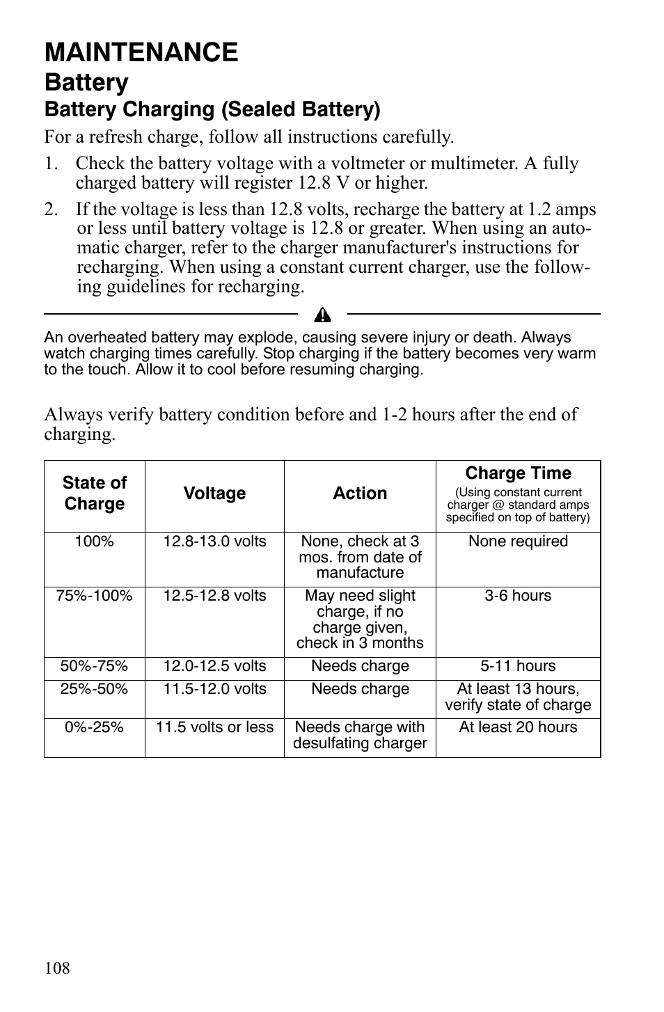 Maintenance, Battery, Battery charging (sealed battery) | Polaris Sportsman 9921837 User Manual | Page 110 / 133