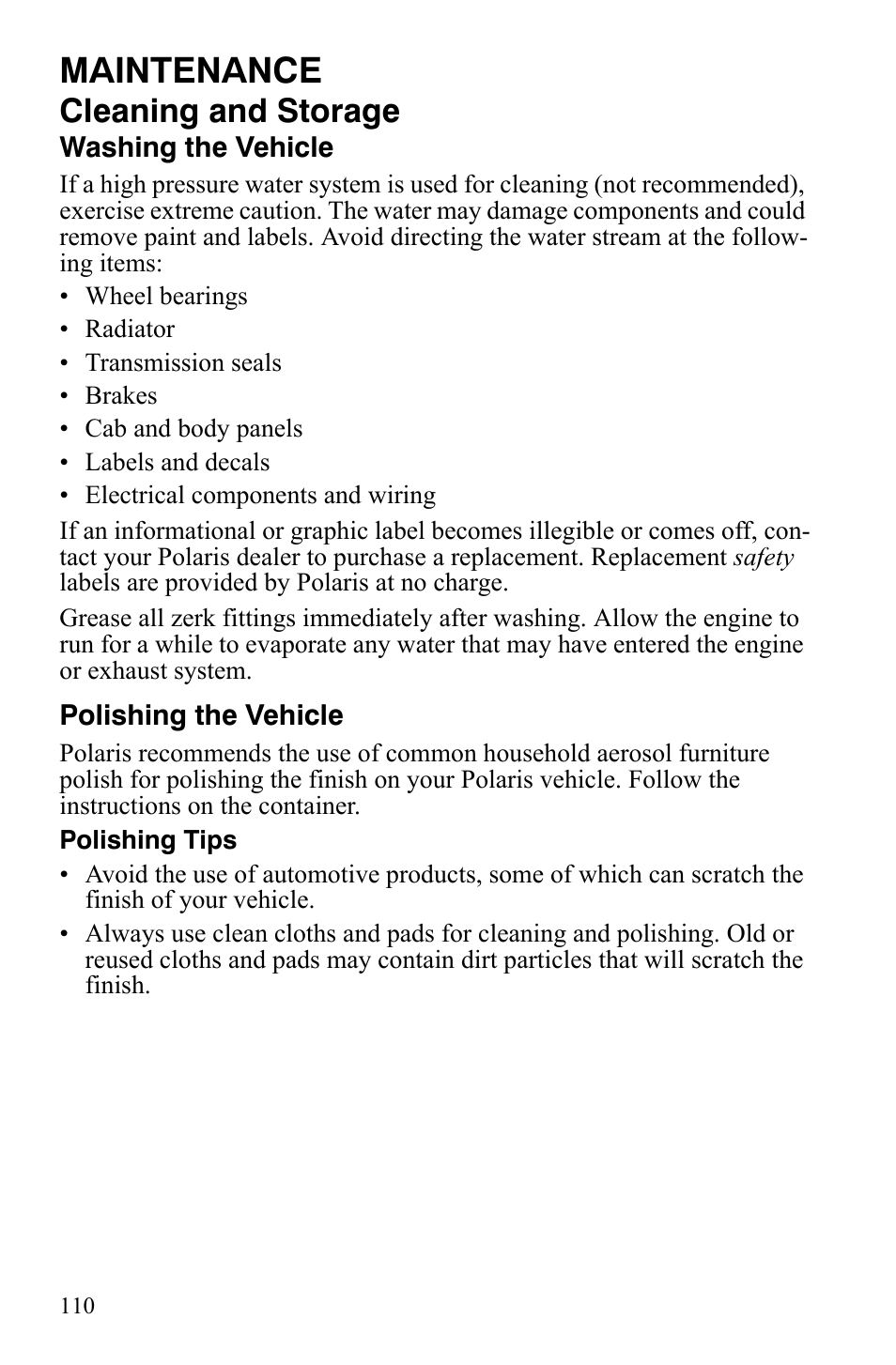 Maintenance, Cleaning and storage | Polaris Sportsman 9921837 User Manual | Page 112 / 133