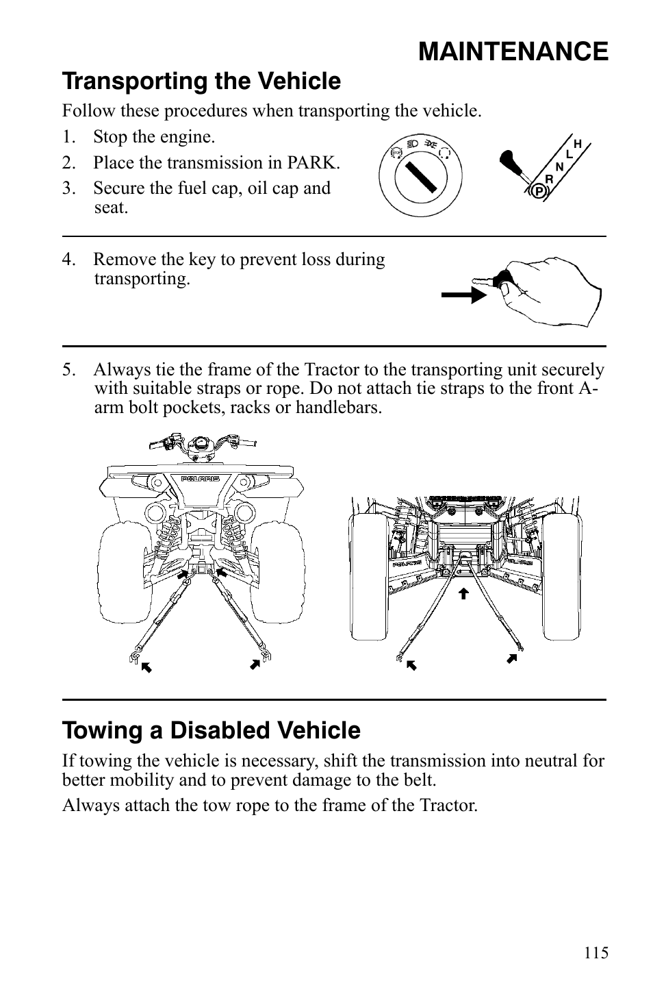 Maintenance, Transporting the vehicle, Towing a disabled vehicle | Polaris Sportsman 9921837 User Manual | Page 117 / 133