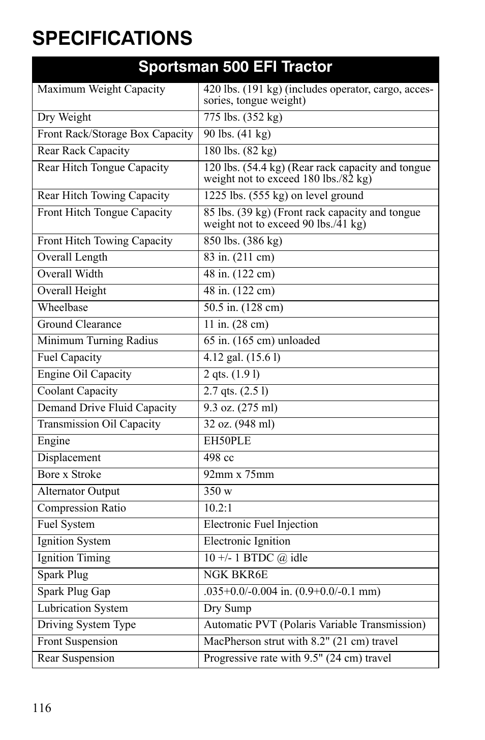 Specifications, Sportsman 500 efi tractor | Polaris Sportsman 9921837 User Manual | Page 118 / 133