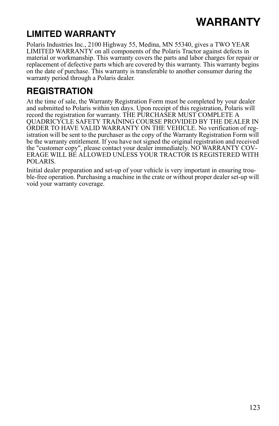 Warranty, Limited warranty, Registration | Polaris Sportsman 9921837 User Manual | Page 125 / 133