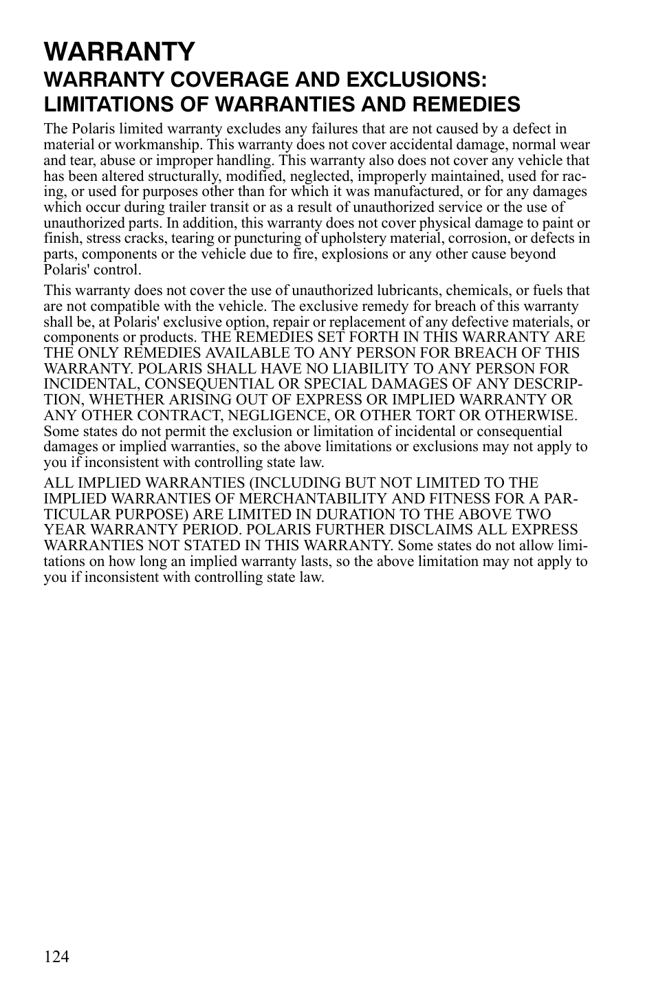 Warranty | Polaris Sportsman 9921837 User Manual | Page 126 / 133
