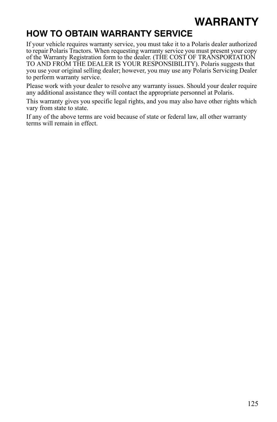 Warranty, How to obtain warranty service | Polaris Sportsman 9921837 User Manual | Page 127 / 133