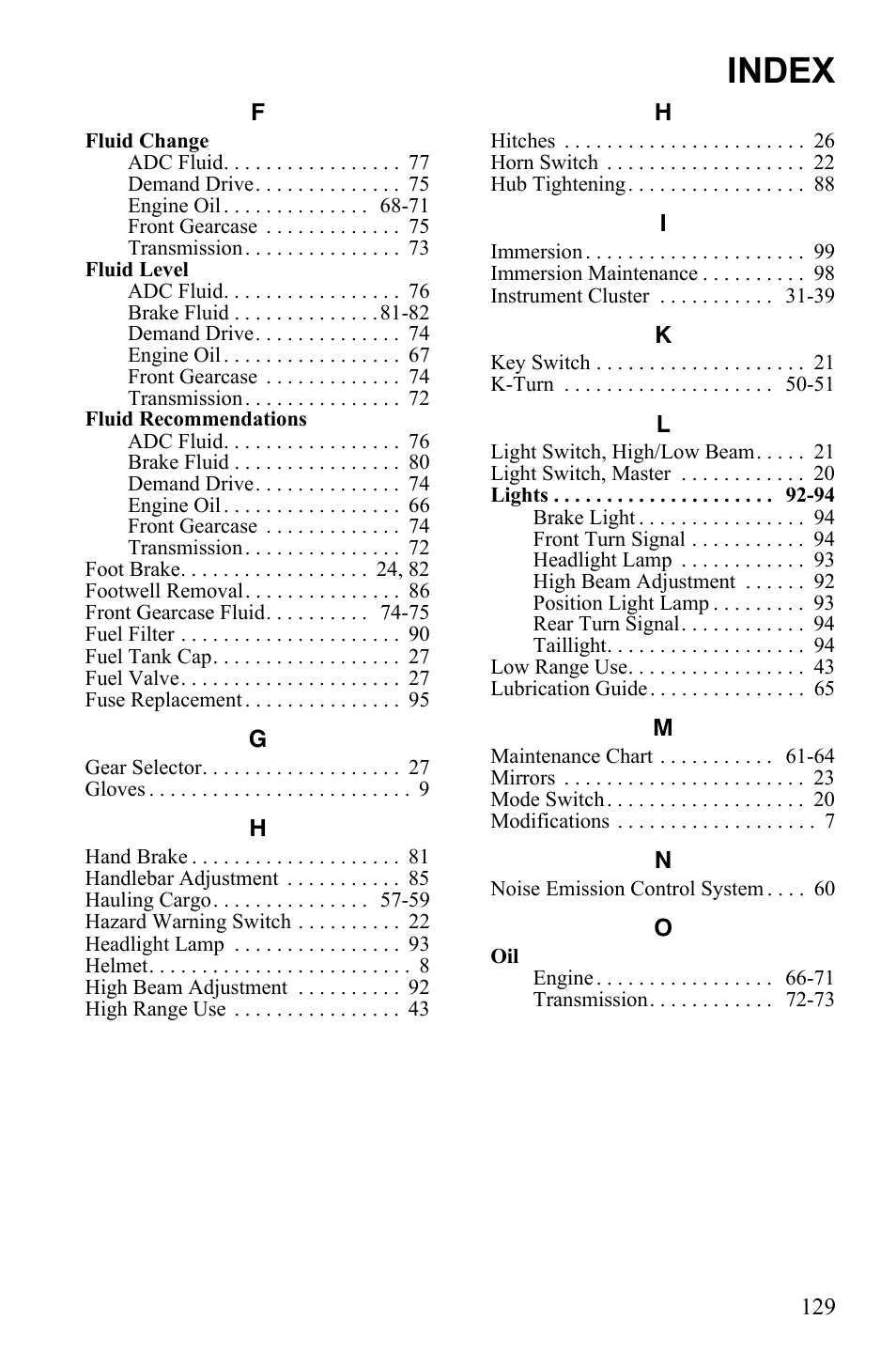 Index | Polaris Sportsman 9921837 User Manual | Page 131 / 133