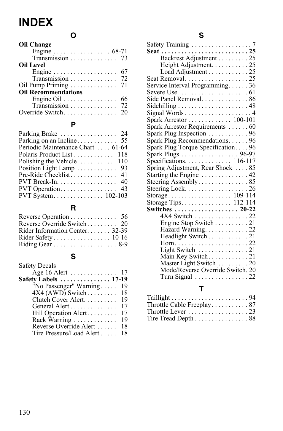 Index | Polaris Sportsman 9921837 User Manual | Page 132 / 133