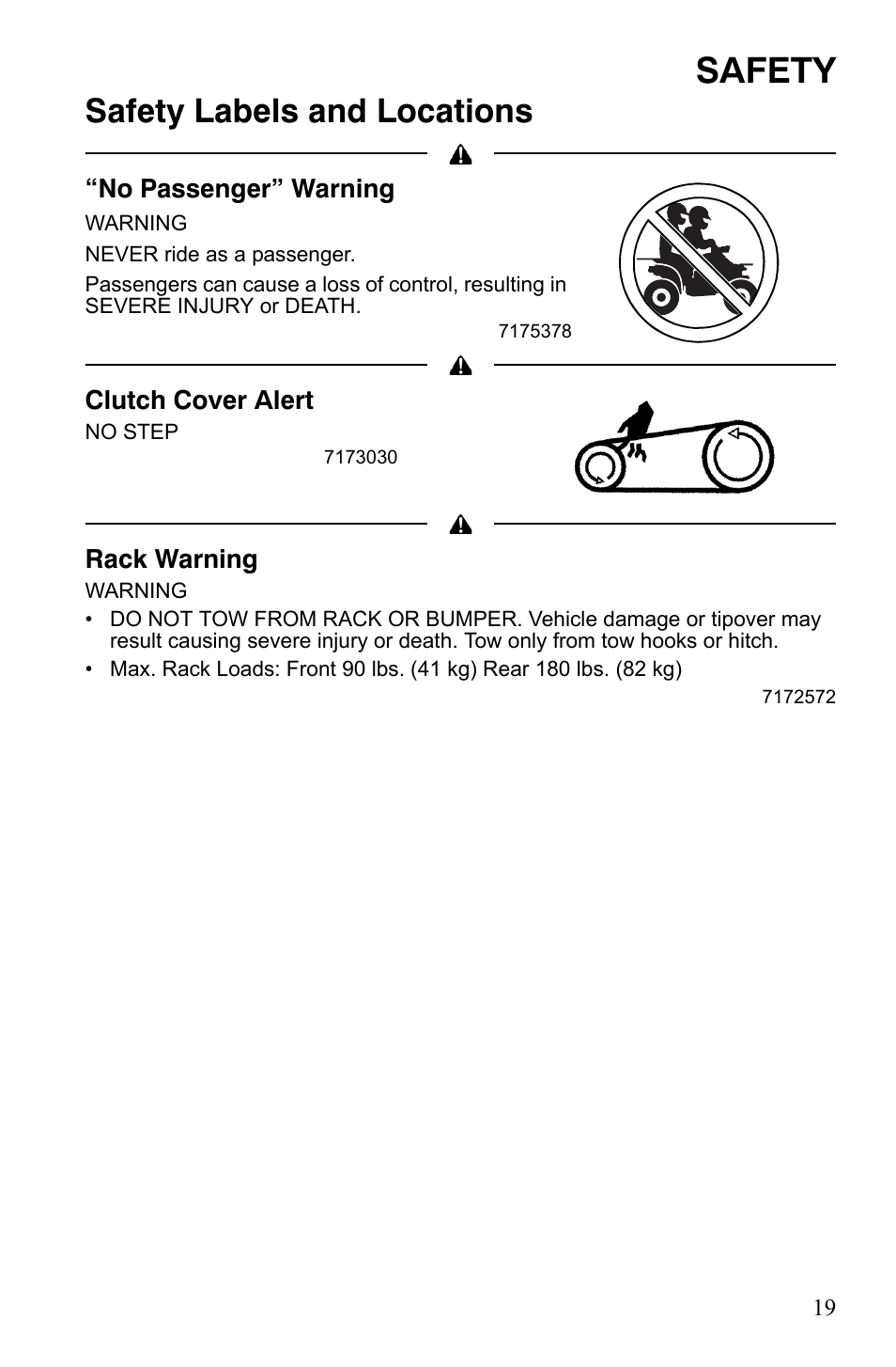 Safety, Safety labels and locations | Polaris Sportsman 9921837 User Manual | Page 21 / 133