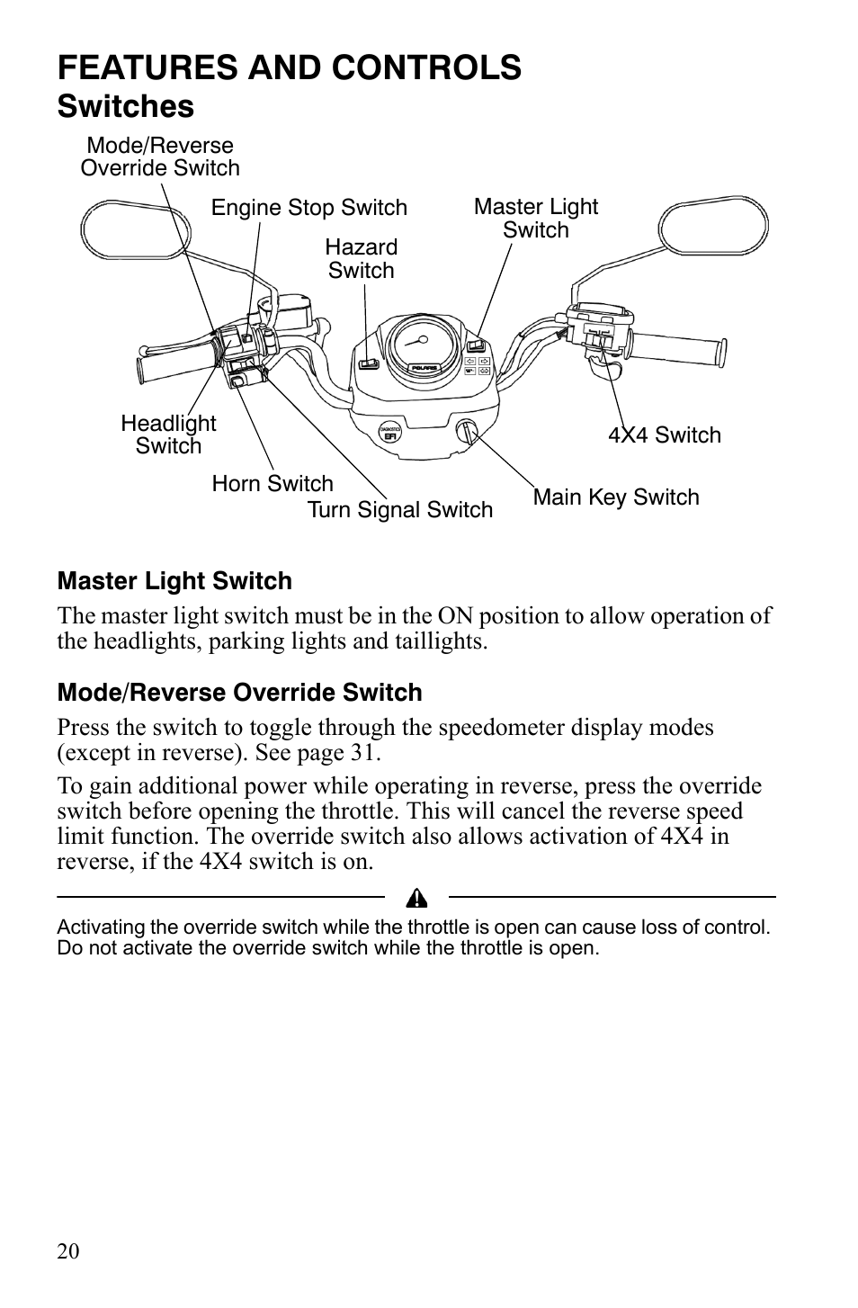 Features and controls, Switches | Polaris Sportsman 9921837 User Manual | Page 22 / 133