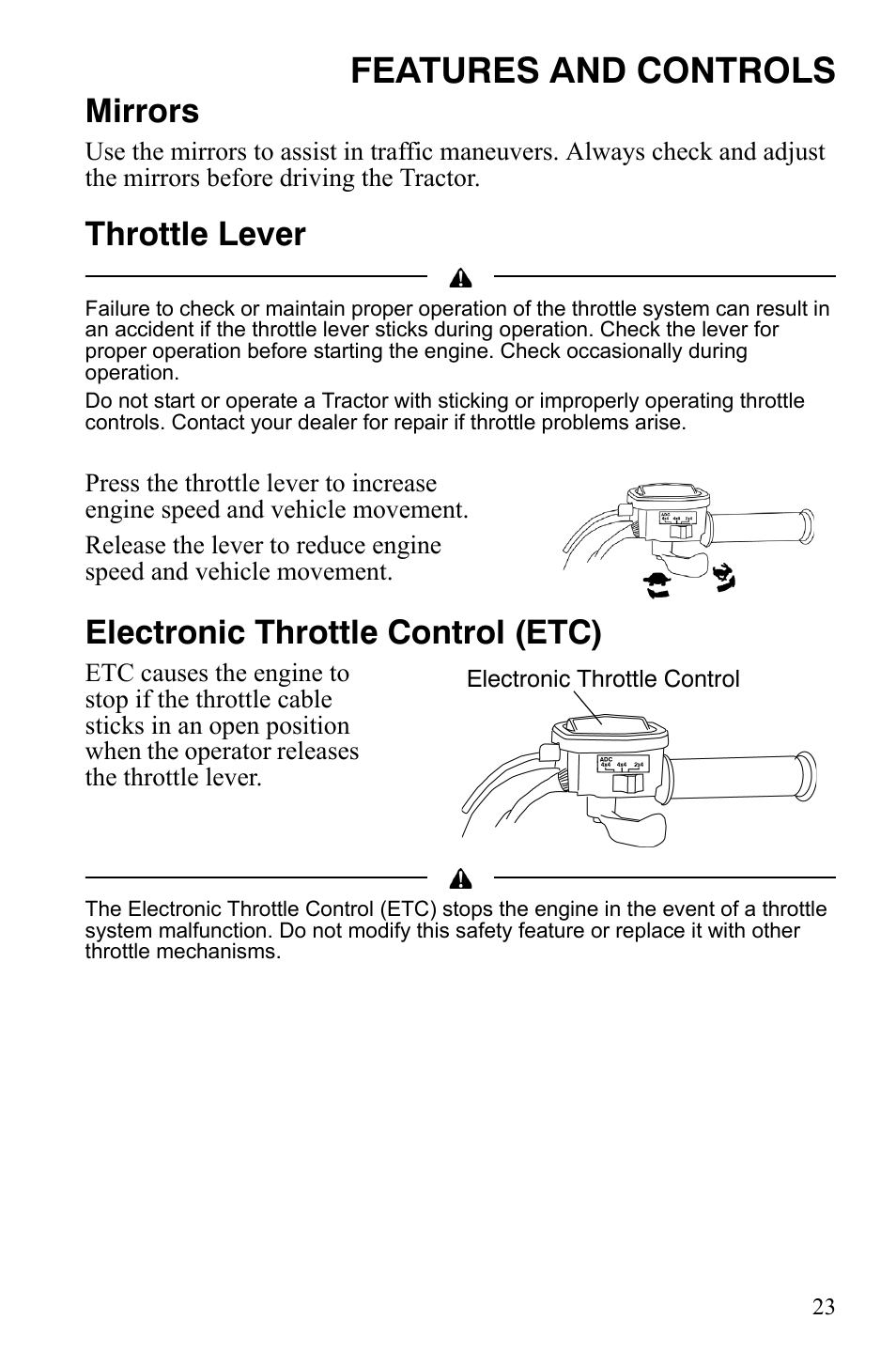 Features and controls, Mirrors, Throttle lever | Electronic throttle control (etc) | Polaris Sportsman 9921837 User Manual | Page 25 / 133