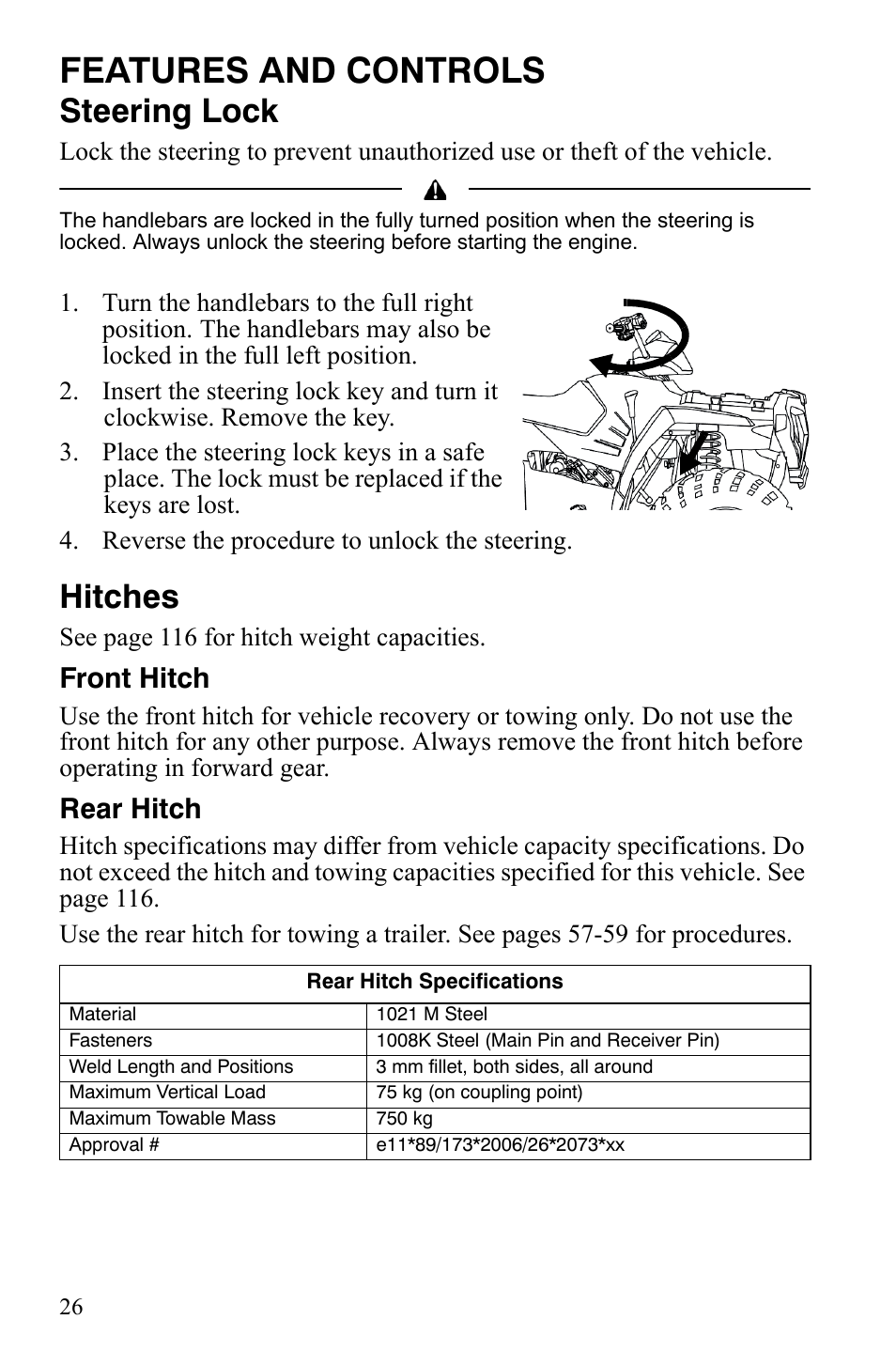 Features and controls, Steering lock, Hitches | Front hitch, Rear hitch | Polaris Sportsman 9921837 User Manual | Page 28 / 133