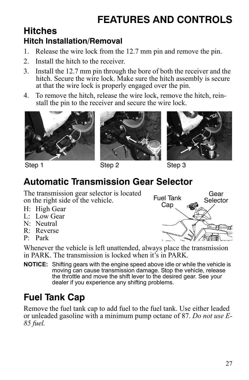Features and controls, Hitches, Automatic transmission gear selector | Fuel tank cap | Polaris Sportsman 9921837 User Manual | Page 29 / 133