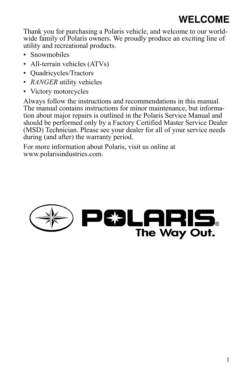 Welcome | Polaris Sportsman 9921837 User Manual | Page 3 / 133