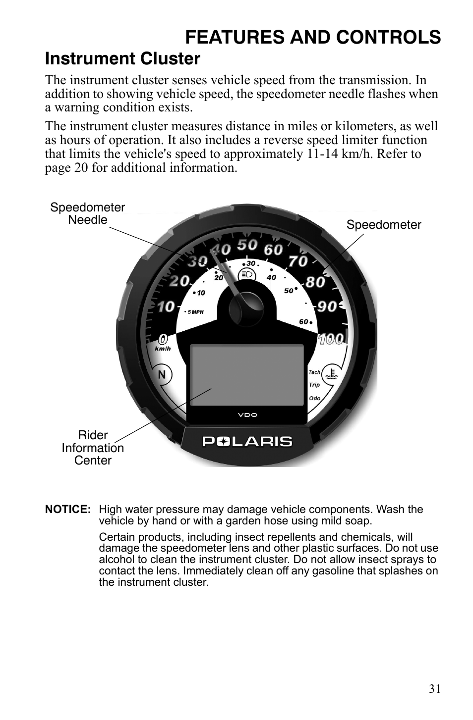 Features and controls, Instrument cluster | Polaris Sportsman 9921837 User Manual | Page 33 / 133