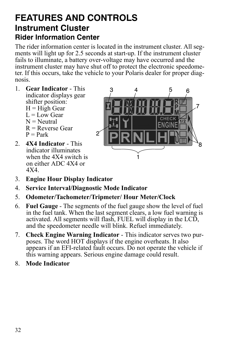 Features and controls, Instrument cluster | Polaris Sportsman 9921837 User Manual | Page 34 / 133