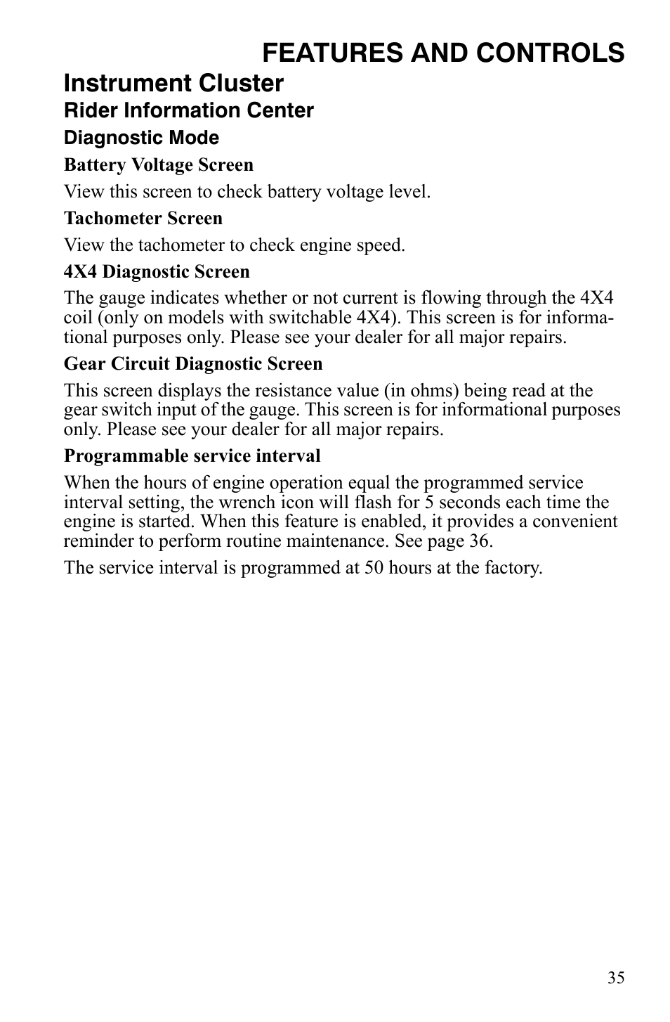 Features and controls, Instrument cluster | Polaris Sportsman 9921837 User Manual | Page 37 / 133