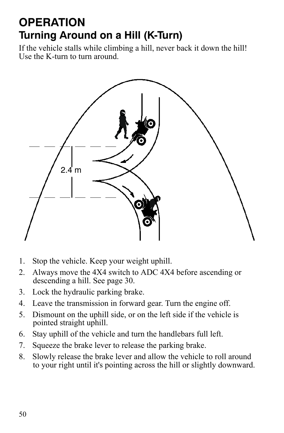 Operation, Turning around on a hill (k-turn) | Polaris Sportsman 9921837 User Manual | Page 52 / 133