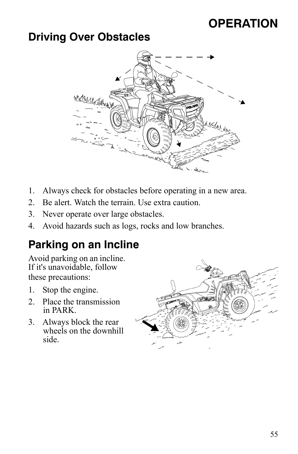 Operation, Driving over obstacles, Parking on an incline | Polaris Sportsman 9921837 User Manual | Page 57 / 133