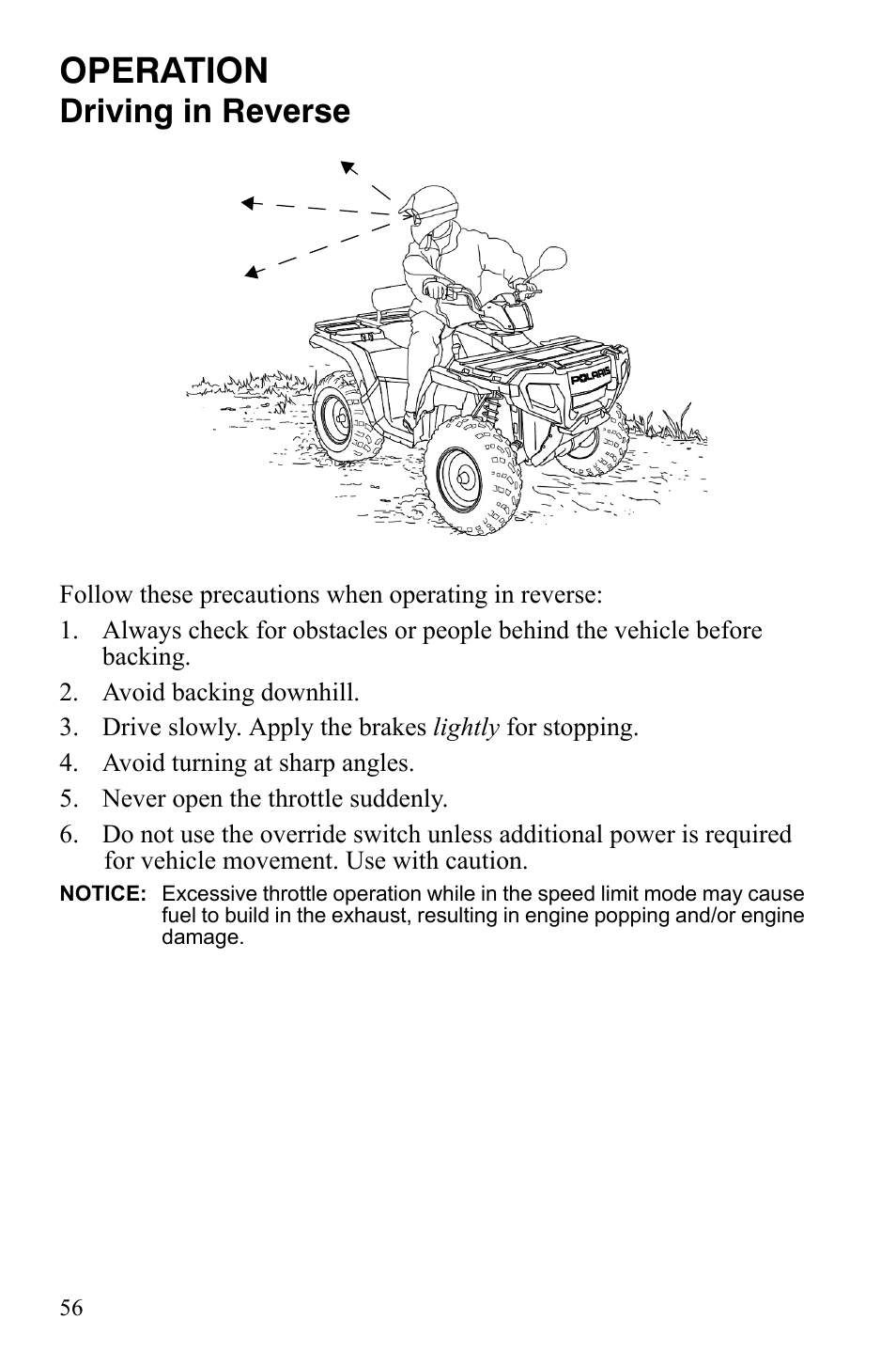 Operation, Driving in reverse | Polaris Sportsman 9921837 User Manual | Page 58 / 133