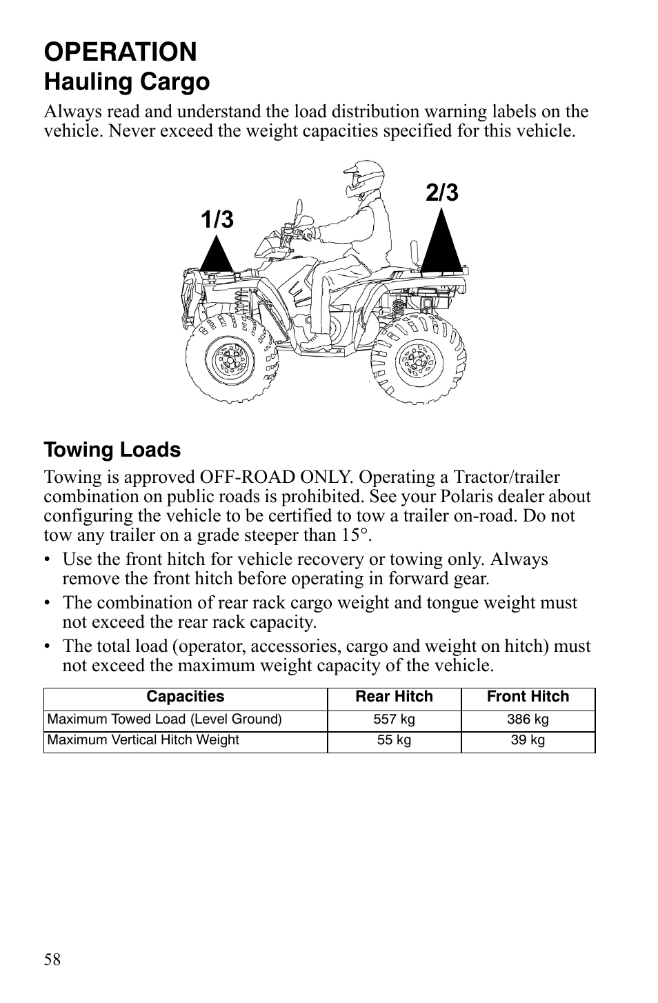 Operation, Hauling cargo, Towing loads | Polaris Sportsman 9921837 User Manual | Page 60 / 133