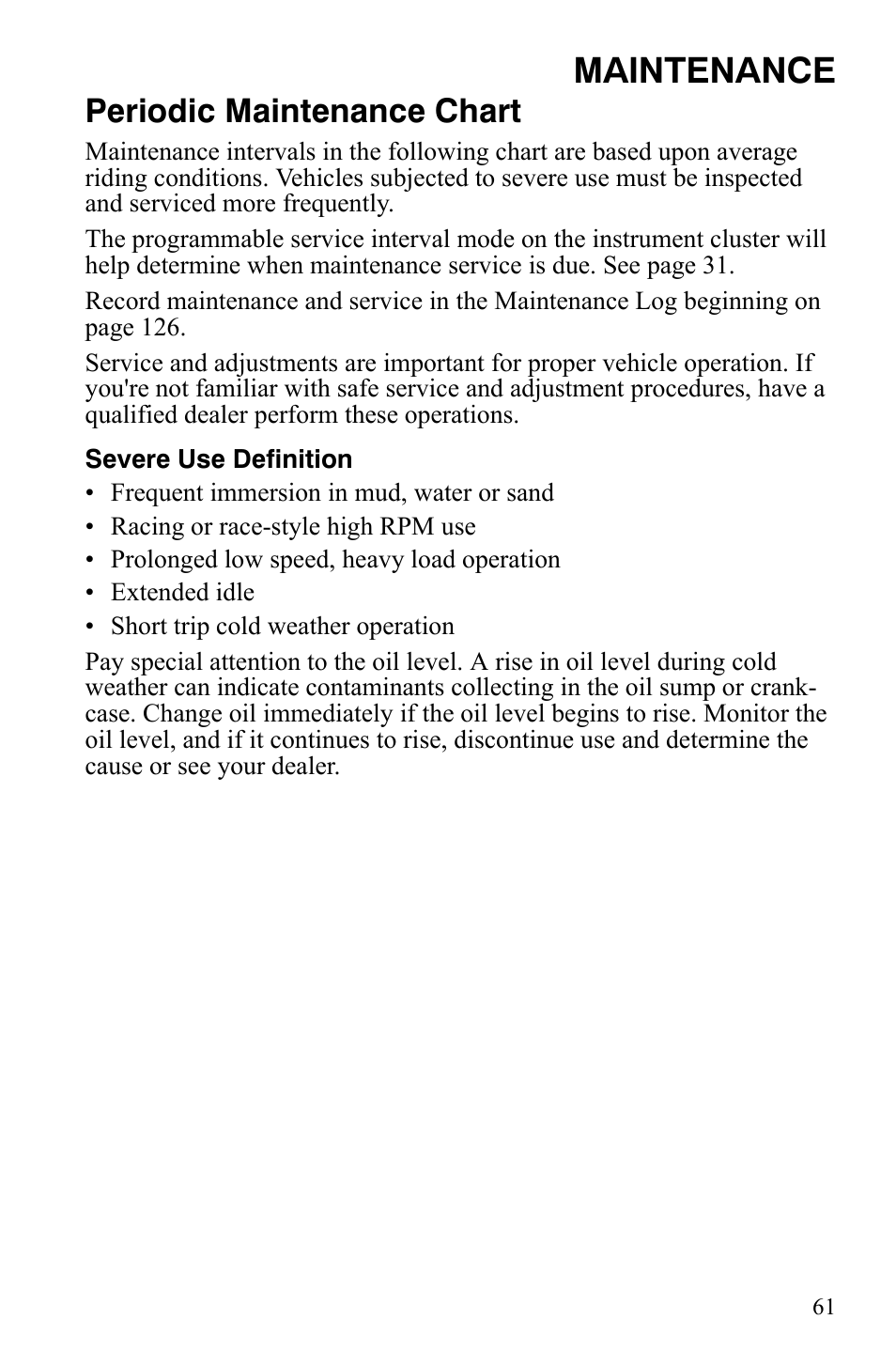 Maintenance, Periodic maintenance chart | Polaris Sportsman 9921837 User Manual | Page 63 / 133