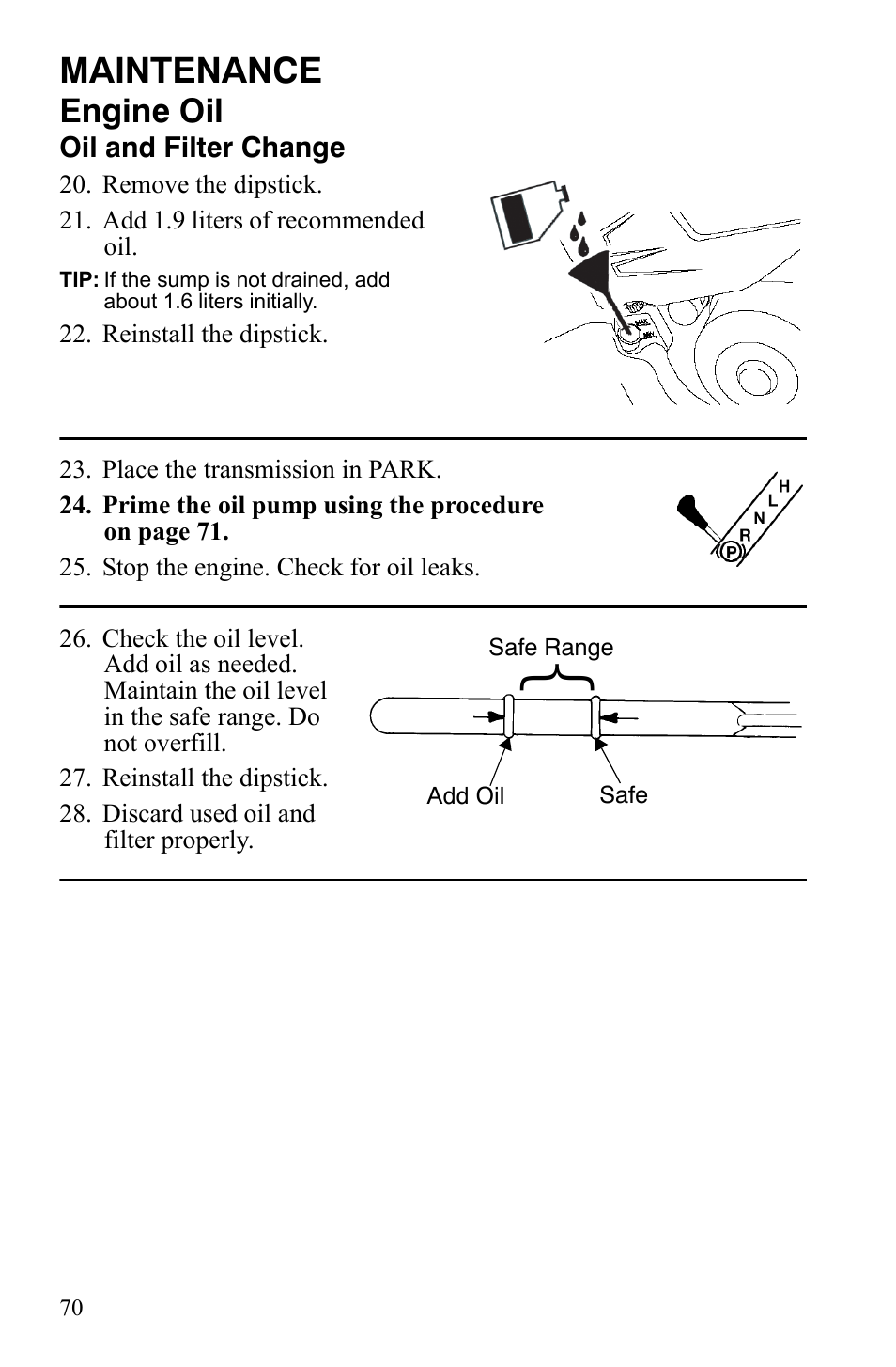 Maintenance, Engine oil | Polaris Sportsman 9921837 User Manual | Page 72 / 133