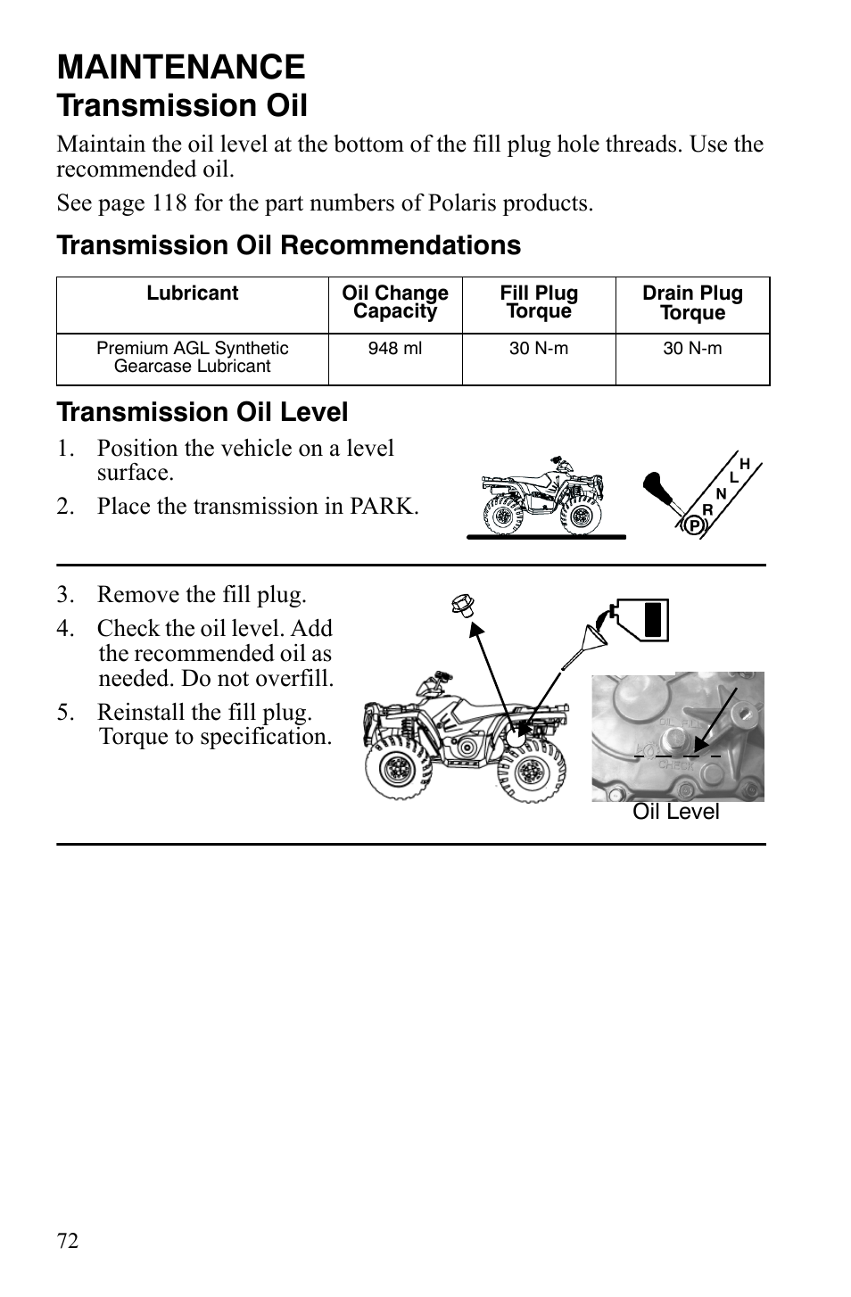 Maintenance, Transmission oil | Polaris Sportsman 9921837 User Manual | Page 74 / 133