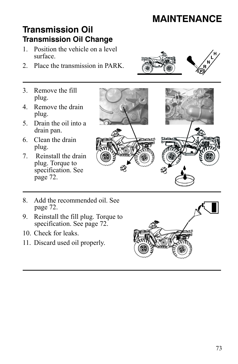 Maintenance, Transmission oil | Polaris Sportsman 9921837 User Manual | Page 75 / 133