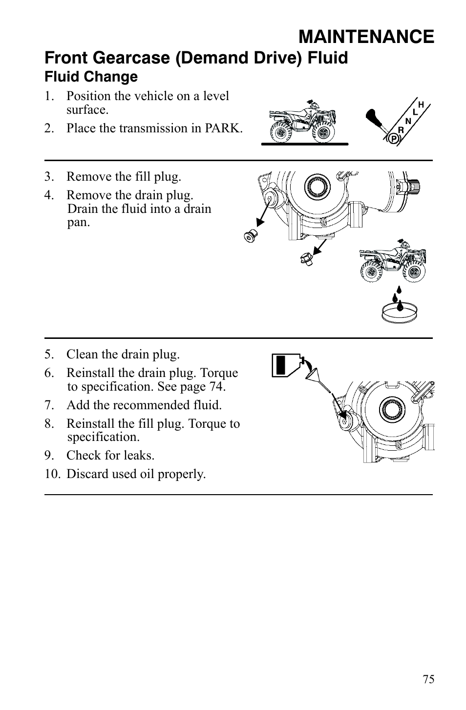 Maintenance, Front gearcase (demand drive) fluid | Polaris Sportsman 9921837 User Manual | Page 77 / 133