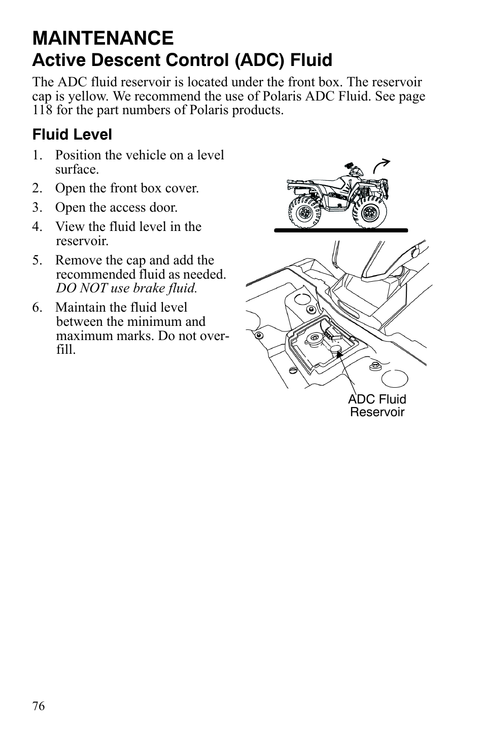 Maintenance, Active descent control (adc) fluid | Polaris Sportsman 9921837 User Manual | Page 78 / 133