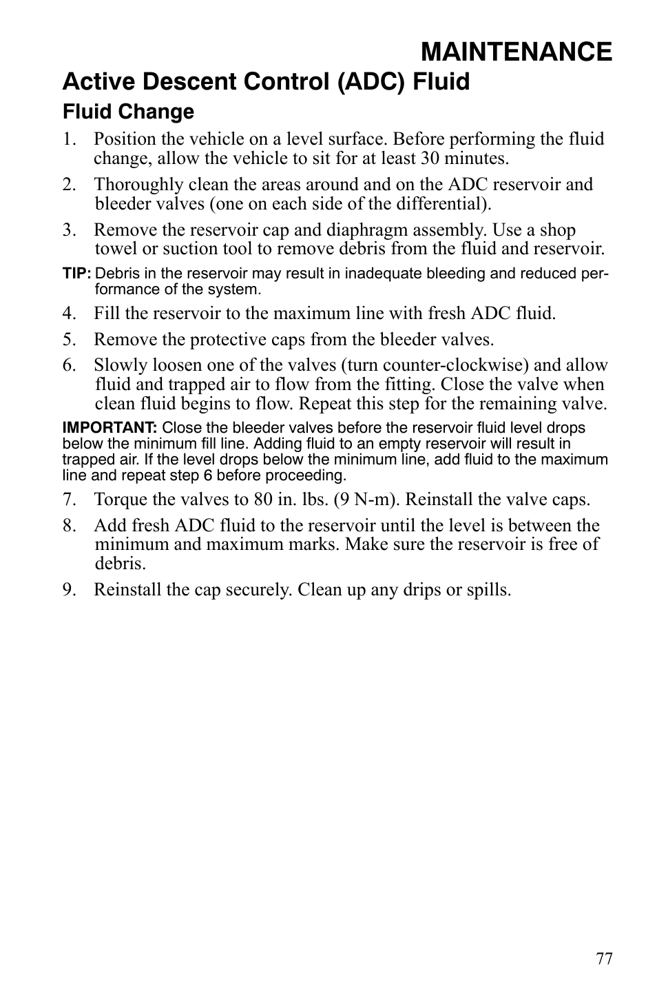 Maintenance, Active descent control (adc) fluid, Fluid change | Polaris Sportsman 9921837 User Manual | Page 79 / 133