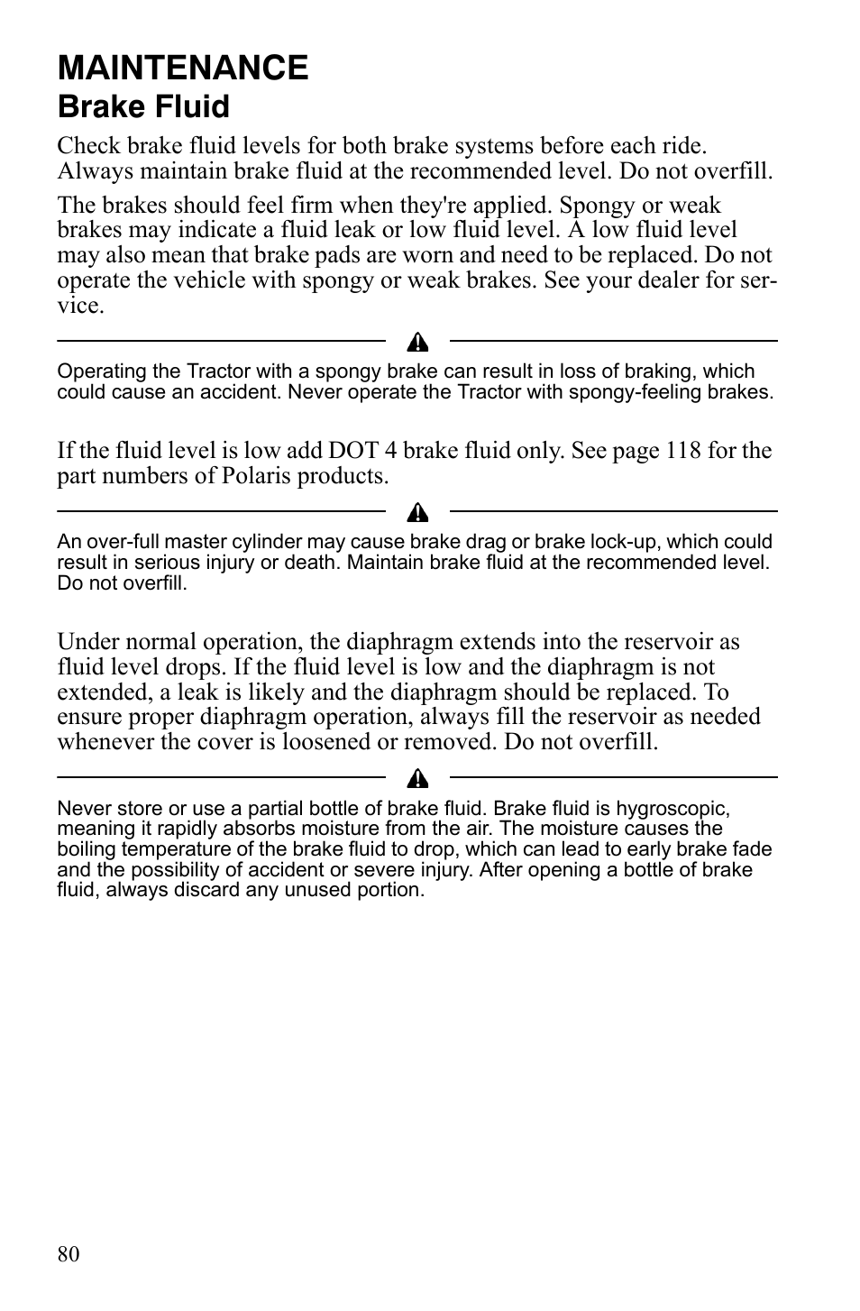 Maintenance, Brake fluid | Polaris Sportsman 9921837 User Manual | Page 82 / 133